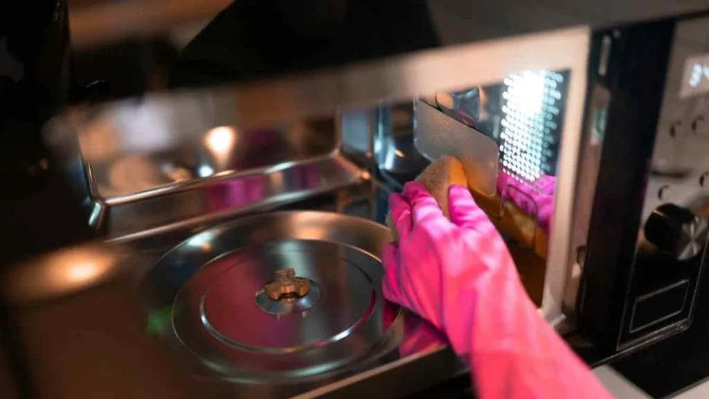Mão com luva rosa colocando um prato dentro do micro-ondas