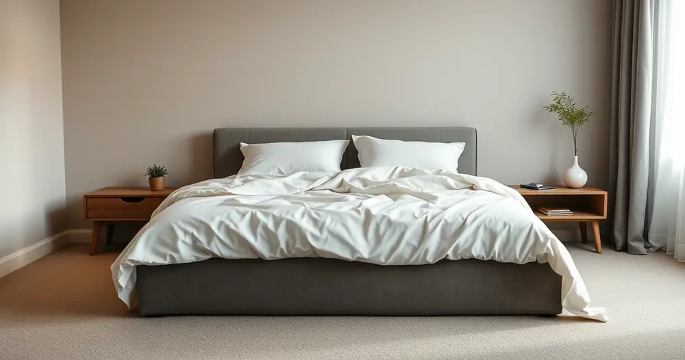 Cama arrumada com roupa de cama clara num quarto tranquilo