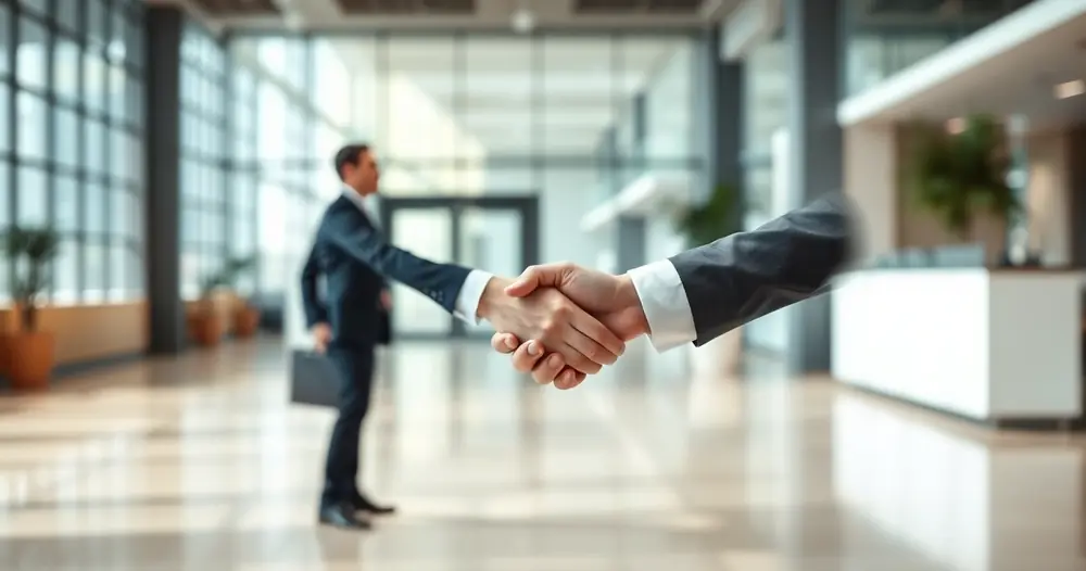 Duas pessoas apertando as mãos no saguão de um escritório