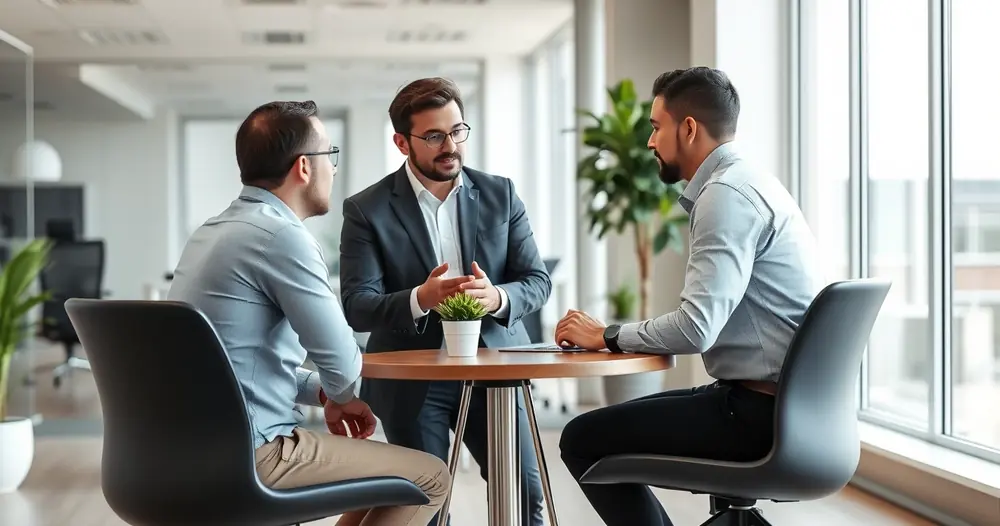 Três pessoas conversando ao redor de uma mesa num escritório claro
