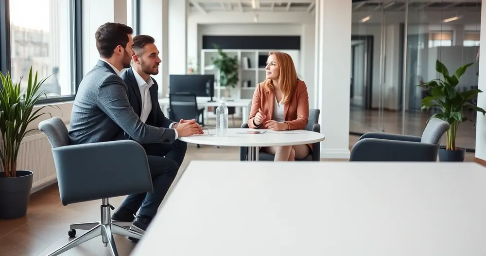 Três pessoas conversando ao redor de uma mesa num escritório claro