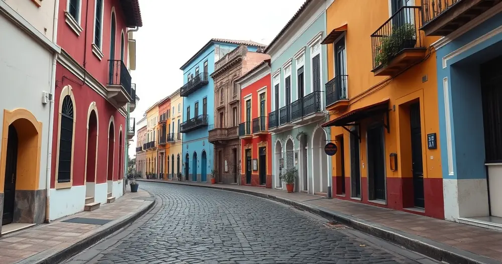 Rua colonial com fachadas coloridas e calçamento de pedra