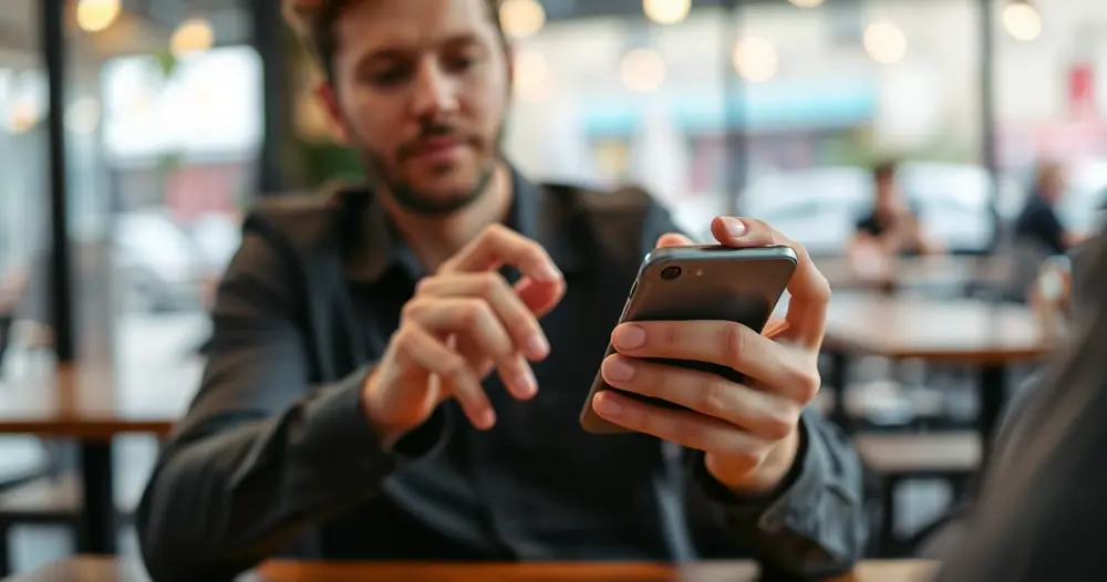 Pessoa segurando um celular na mesa de uma cafeteria