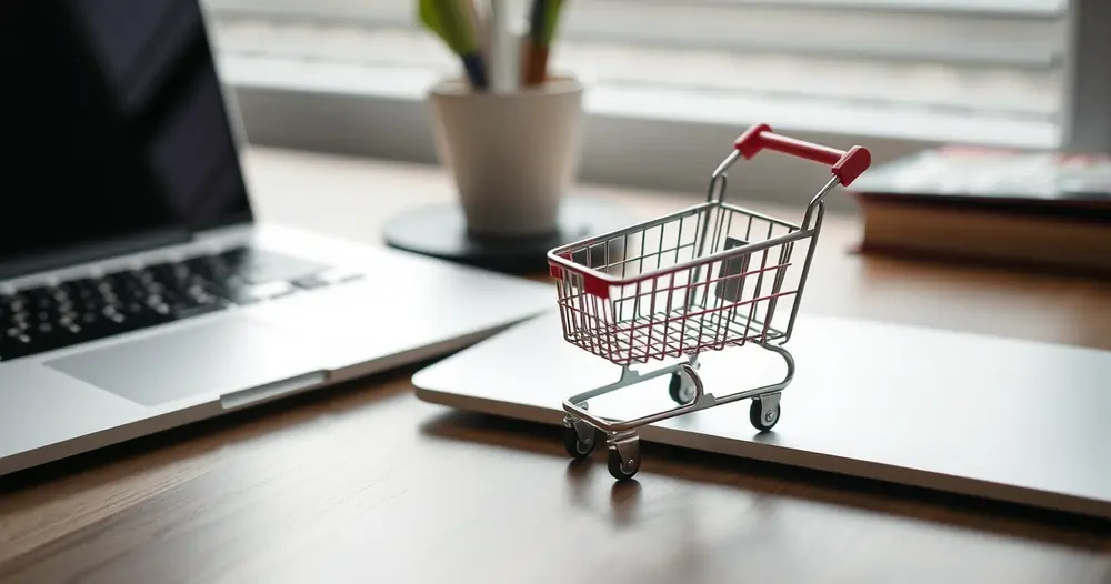 Carrinho de compras em miniatura ao lado de um notebook