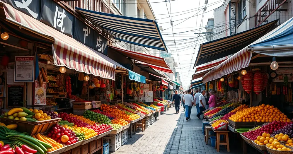 Feira de rua com barracas de frutas coloridas, à luz do dia