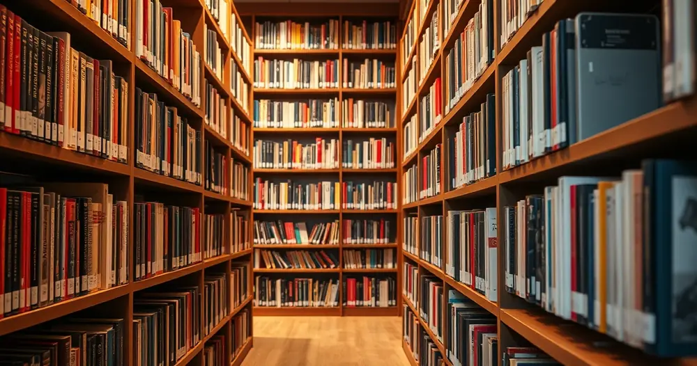 Estantes de biblioteca cheias de livros, com luz quente