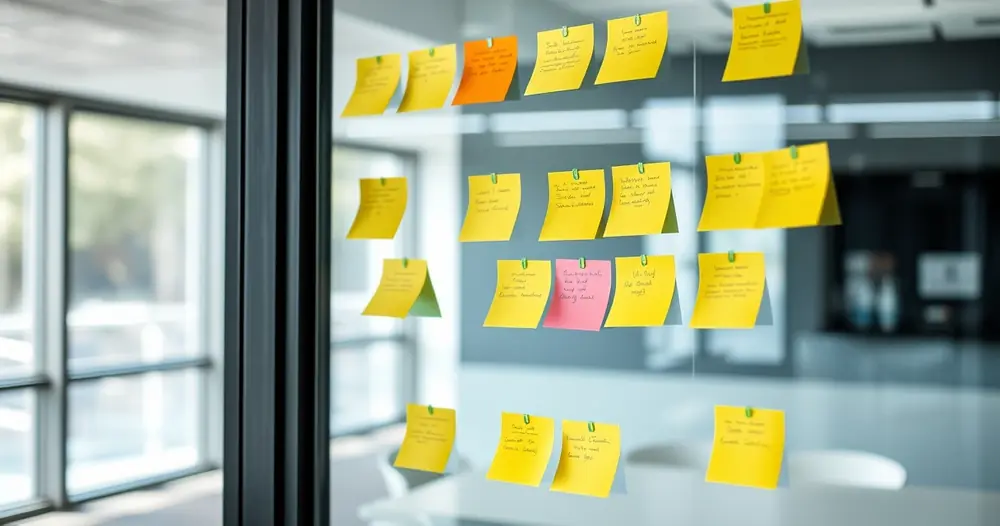 Post-its colados numa parede de vidro em sala de reunião