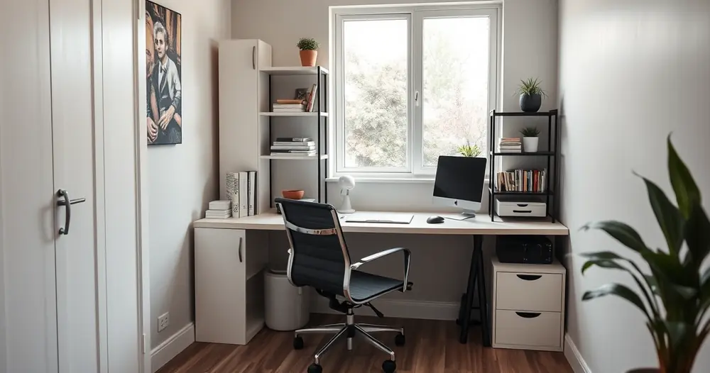 Escritório compacto em casa, com mesa, cadeira e prateleiras