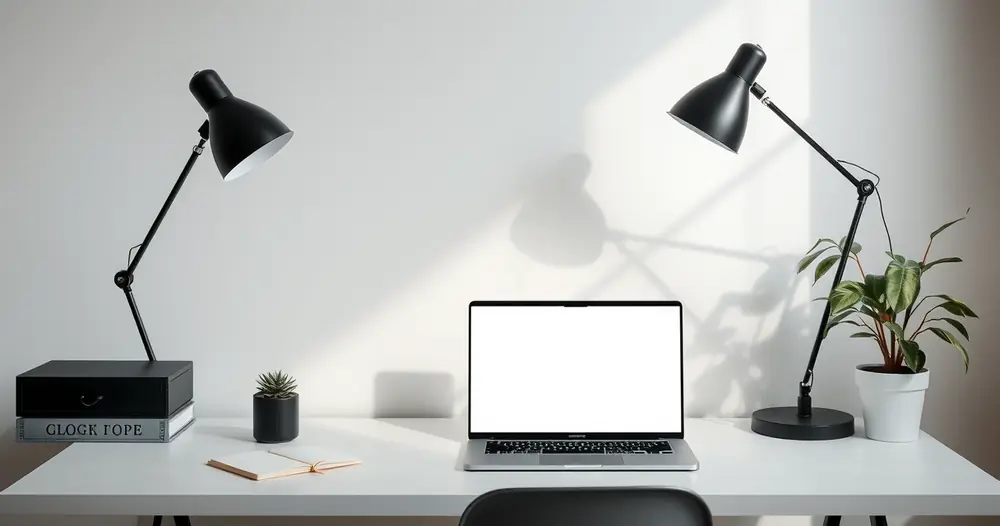 Estação de trabalho organizada, com notebook, luminária e planta