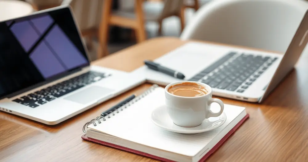 Caderno, café e notebook sobre a mesa de uma cafeteria