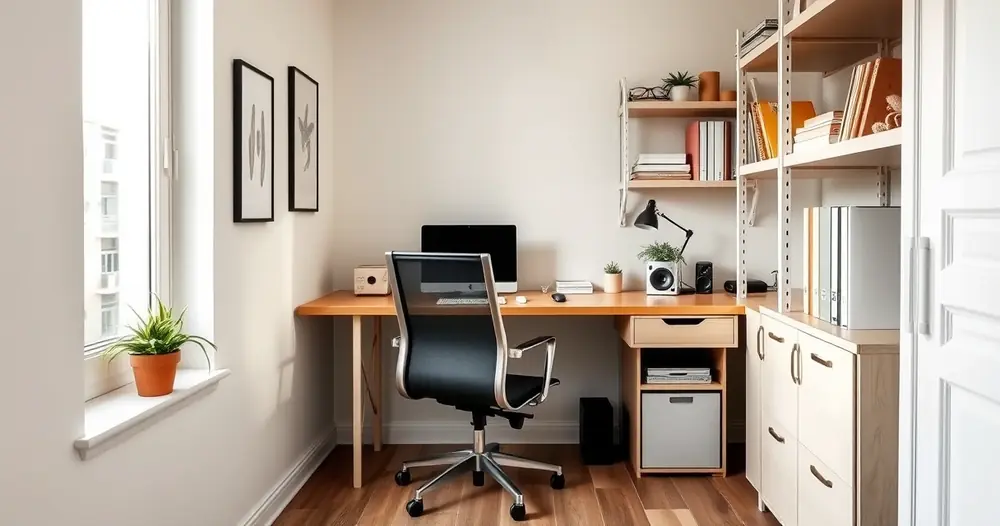 Escritório compacto em casa, com mesa, cadeira e prateleiras