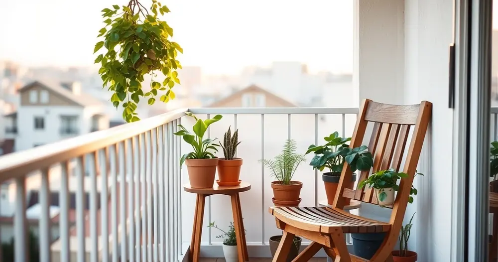 Varanda pequena com plantas em vasos e uma cadeira de madeira