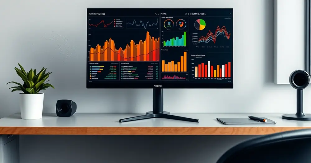 Monitor exibindo gráficos coloridos sobre uma mesa organizada