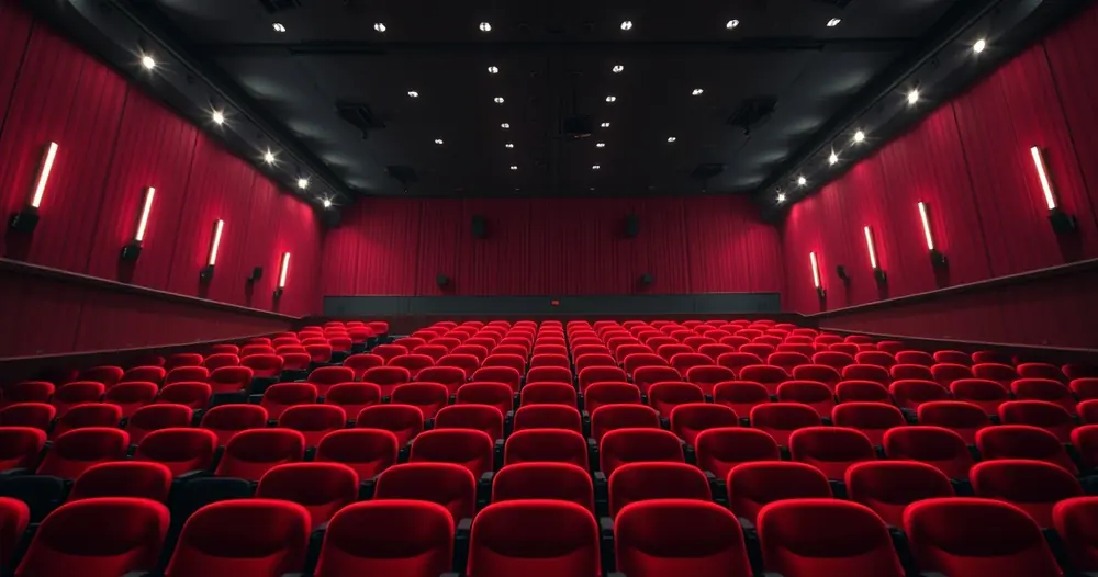 Sala de cinema vazia, com poltronas vermelhas e luz baixa