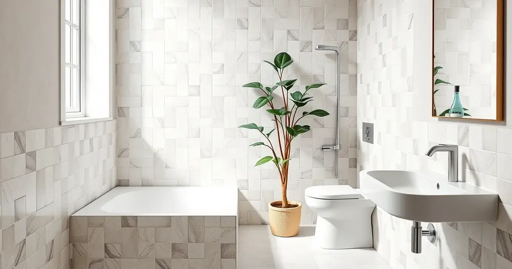 Banheiro moderno e limpo, com azulejos e uma planta