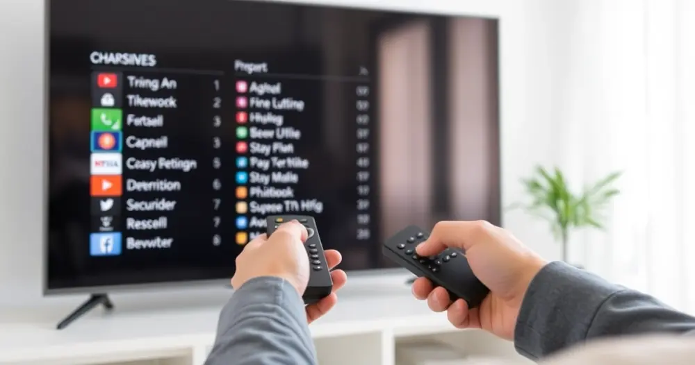 pessoa avaliando lista de canais na tela da televisão com controle na mão