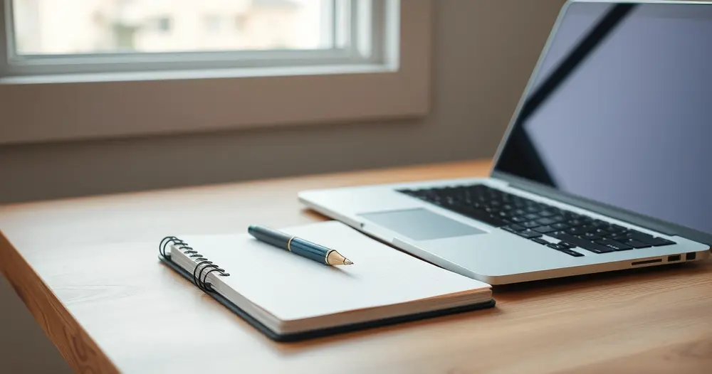 Caderno aberto com caneta ao lado de notebook sobre mesa de madeira