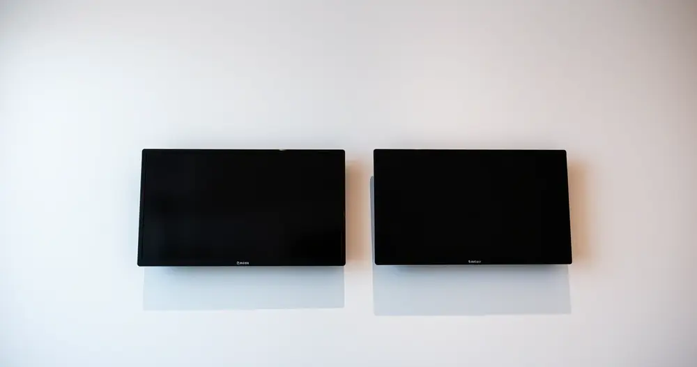 duas televisões de tela plana lado a lado em parede clara
