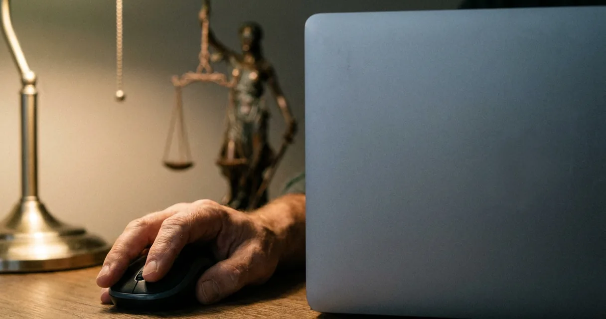 Mão sobre o mouse ao lado de um notebook fechado, com uma estátua da balança da justiça ao fundo
