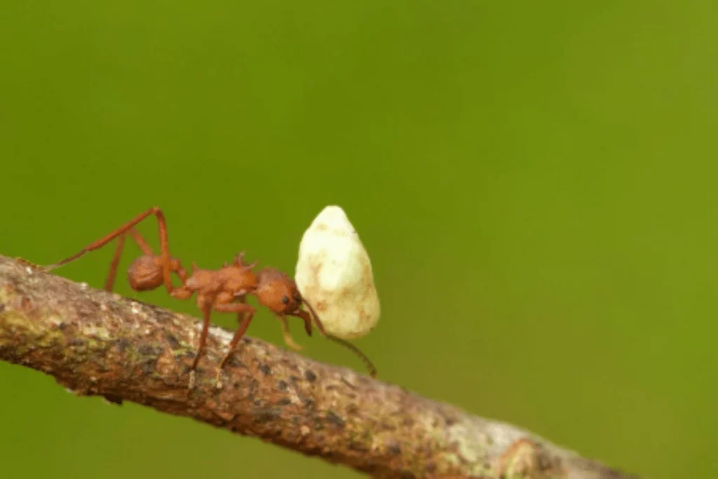 Formiga carregando um grão sobre um galho, com fundo verde