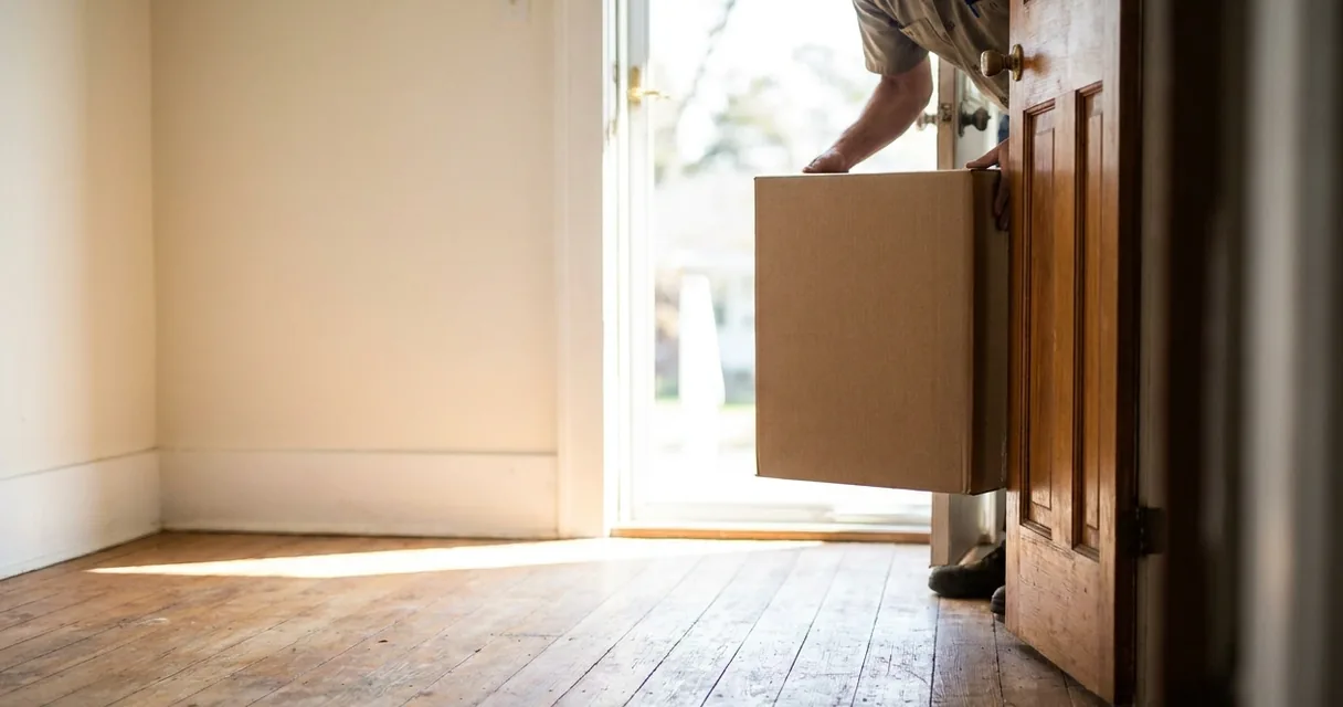 Pessoa erguendo uma caixa de papelão contra o vão de uma porta para ver se ela passa