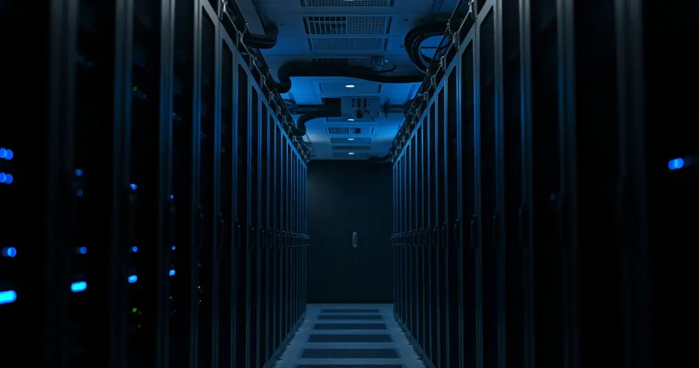 Corredor de sala de servidores com luzes azuis ao fundo